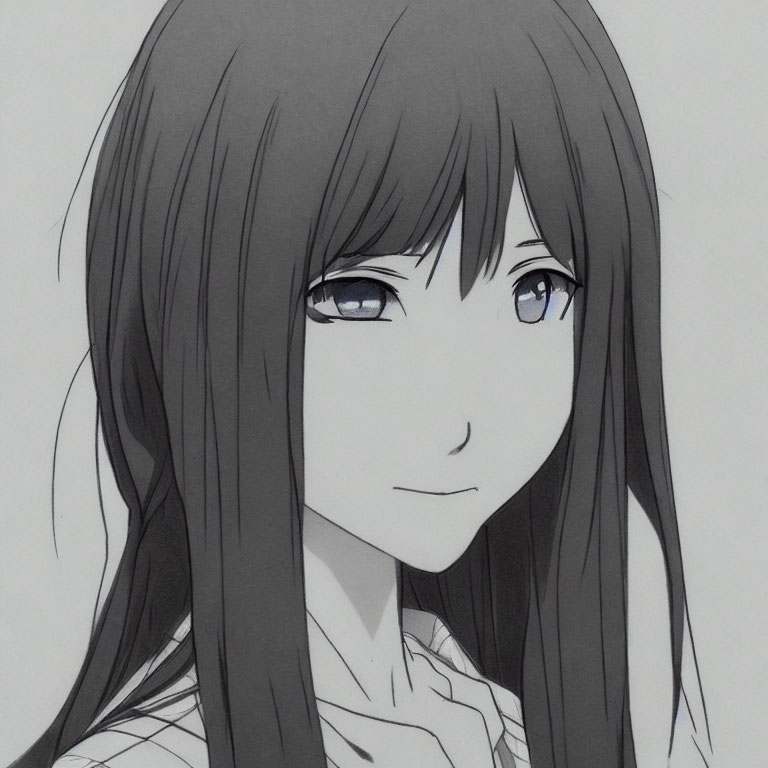 Monochrome portrait of a female anime character with long hair and gentle smile