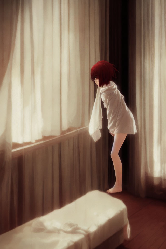 Red-haired person with red eyes gazing out a window in dimly lit room