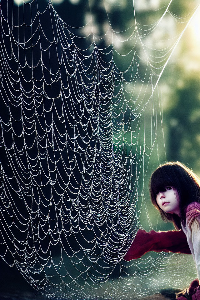 Child explores dew-covered spider web in dimly lit setting