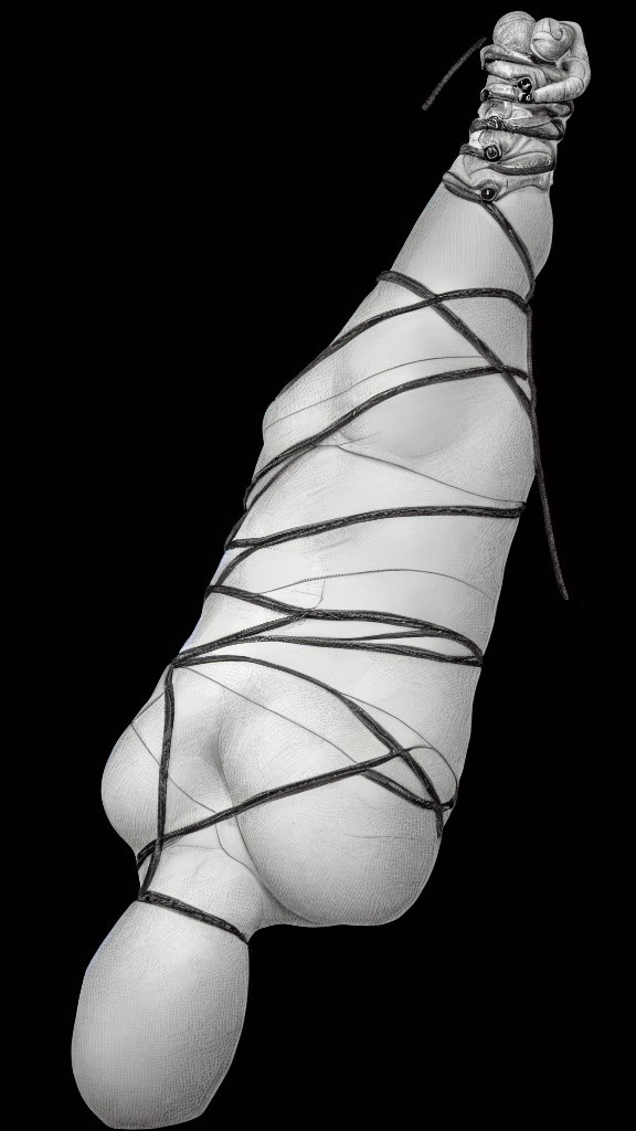 Ballet dancer's foot en pointe with black ribbons on black background