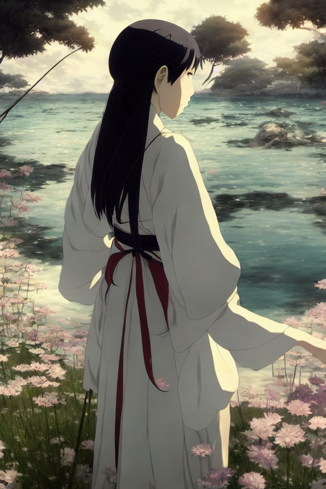 Tranquil anime scene with girl in traditional attire by river