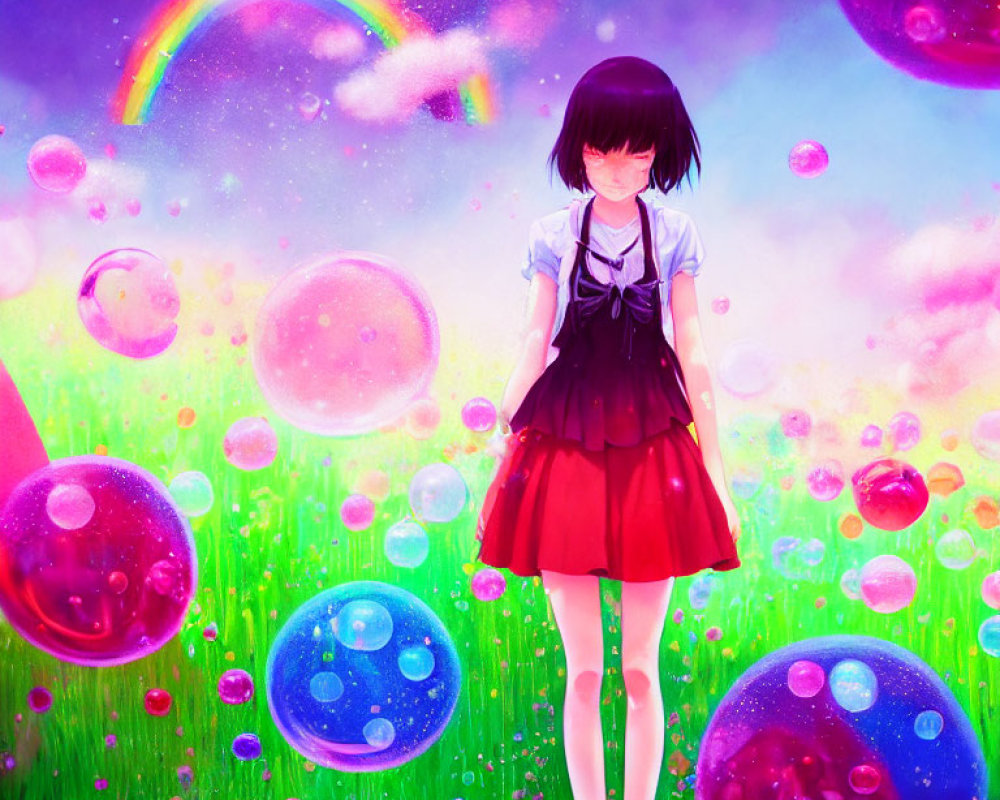 Colorful illustration of girl in red skirt under rainbow