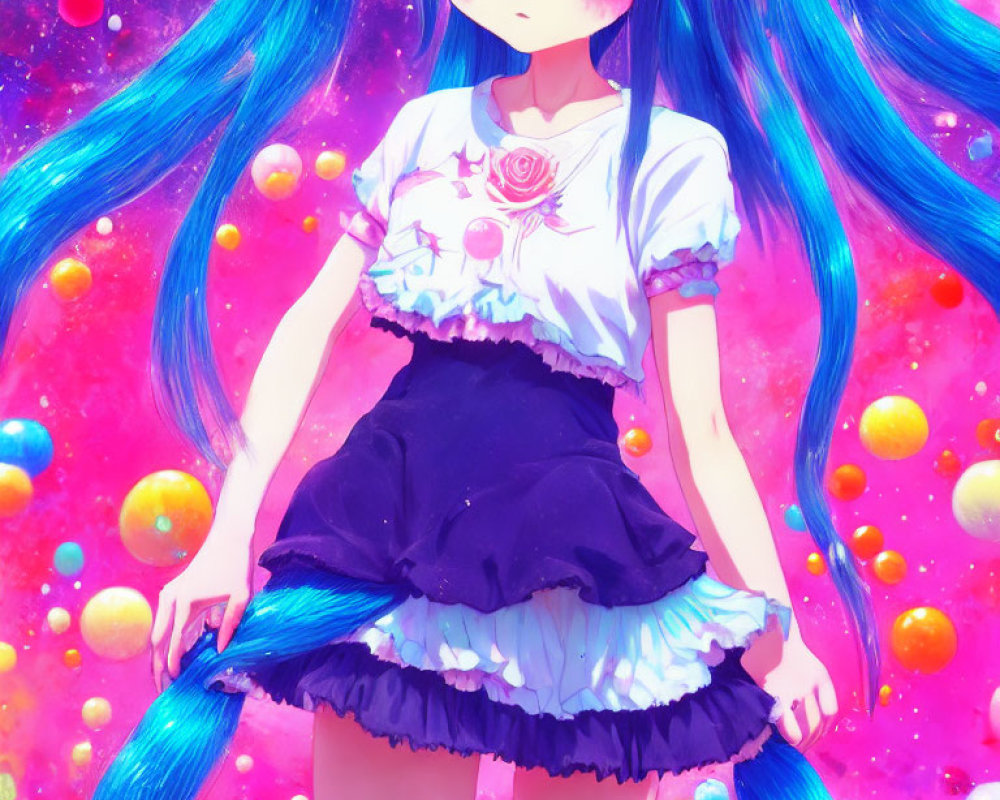 Blue-haired anime girl in white and navy dress on pink background with orbs