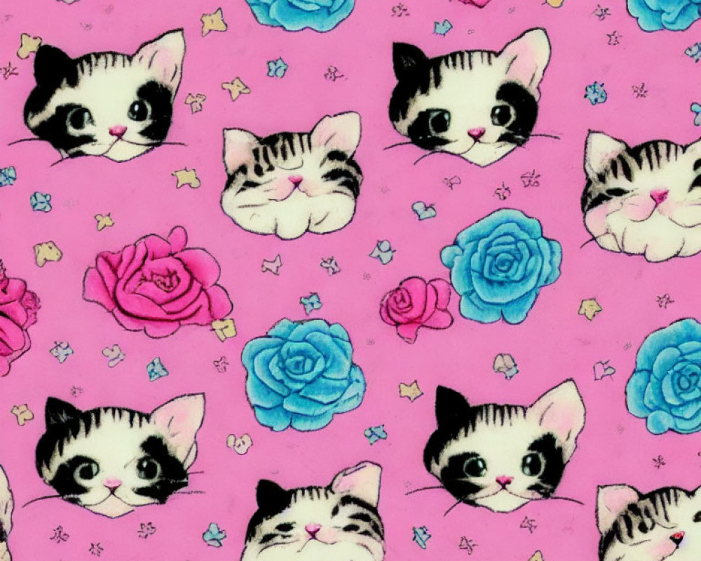 Cartoon Kittens and Roses Patterned Fabric on Pink Background