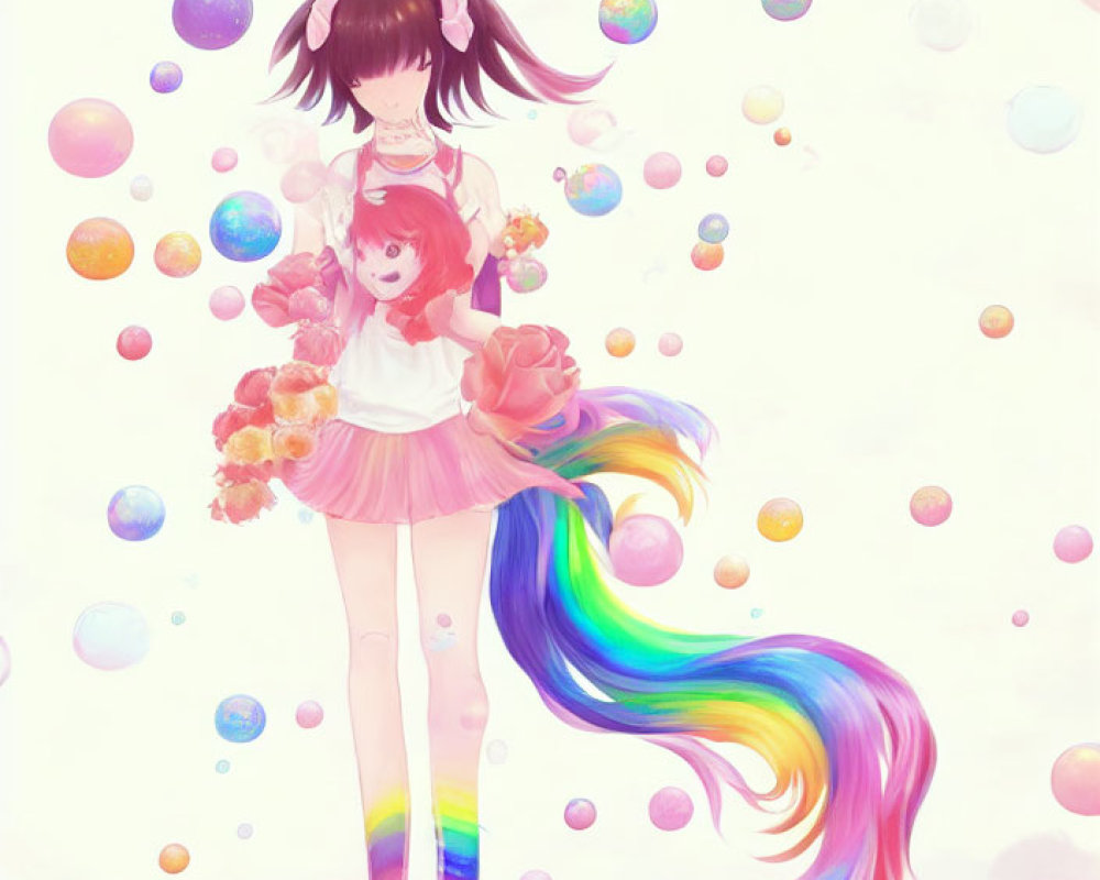 Colorful artwork featuring girl with rainbow hair and doll amidst soap bubbles