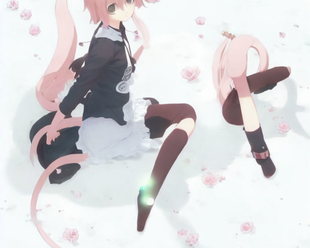 Anime-style artwork of two pink-haired girls with animal-like features in a flower bed.