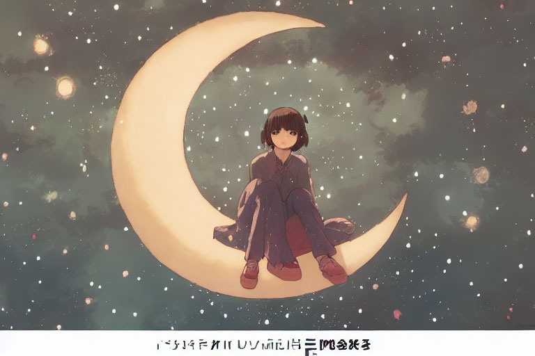 Illustration of girl on crescent moon in starry sky