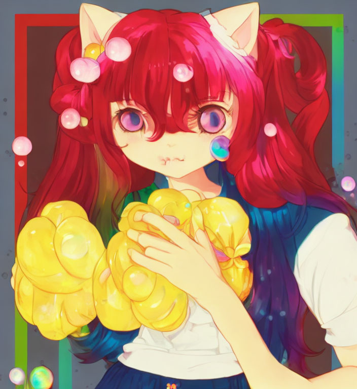 Anime-style illustration: Red-haired girl with fox ears, white shirt, blue skirt, holding fluffy yellow