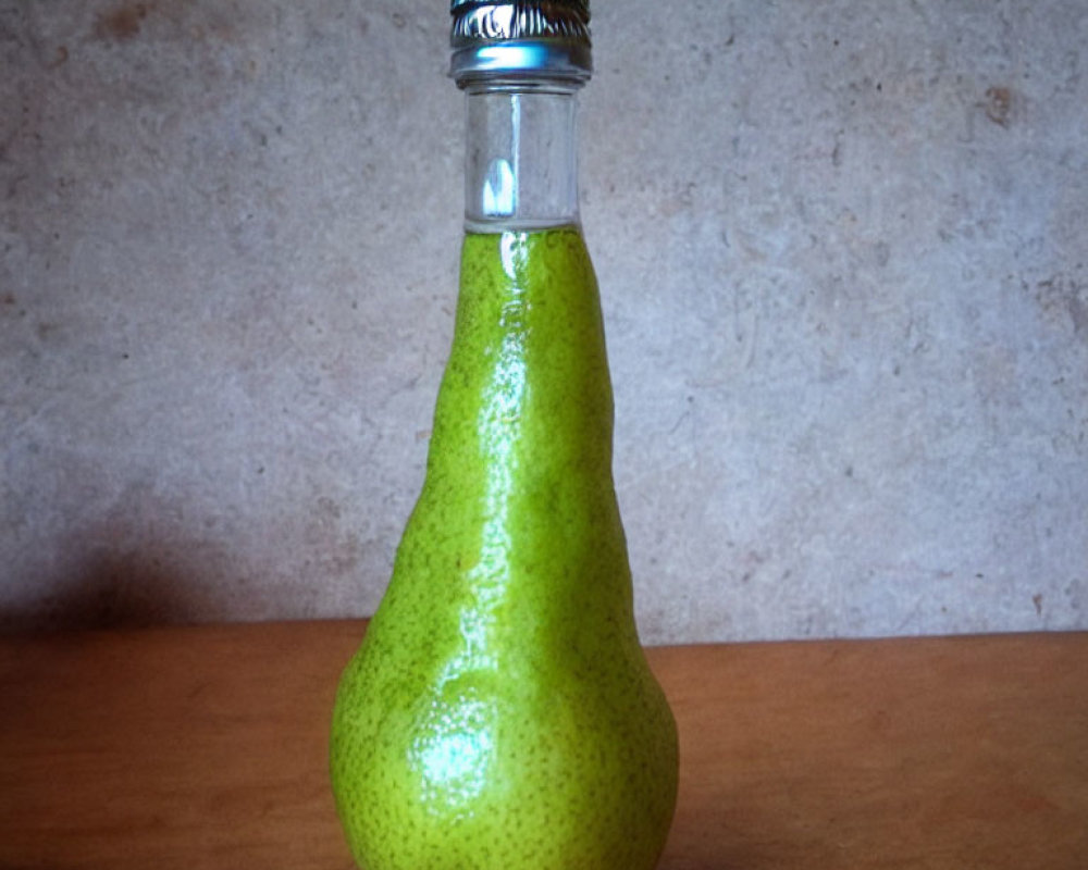 Green Pear with Bottle Cap Attached to Stem on Neutral Background