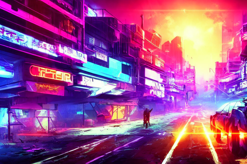 Vibrant cyberpunk cityscape with neon signs and silhouetted figure at dusk