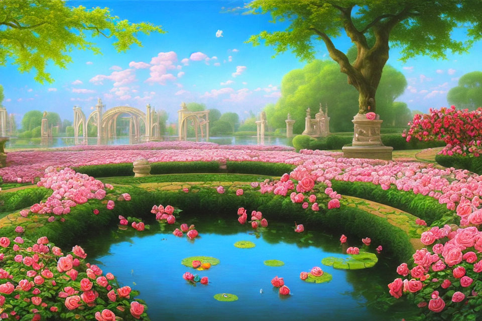 Tranquil garden with pond, pink roses, statues, and arching bridges