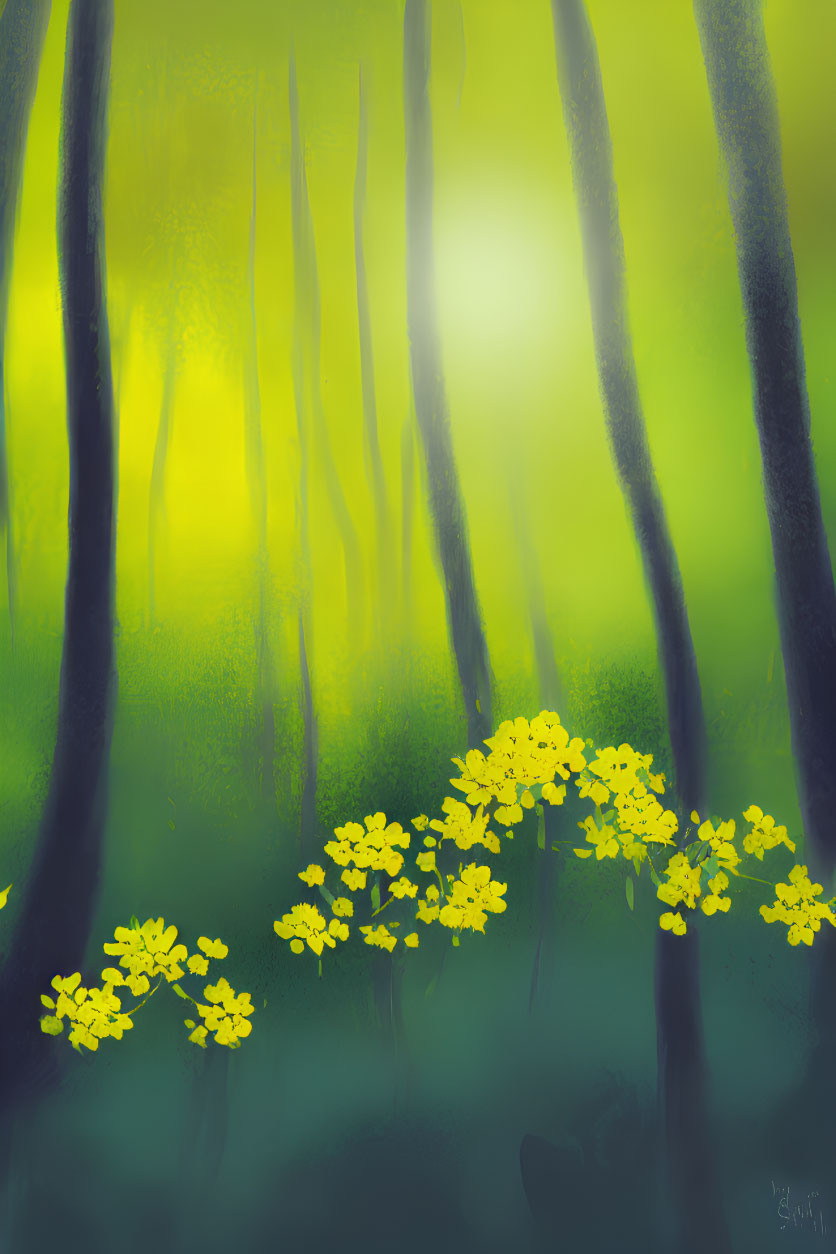 Enchanted Forest Digital Painting with Misty Atmosphere