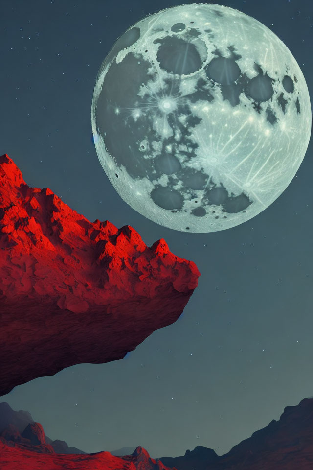 Detailed Moon Over Rocky Red Landscape in Vivid Colors