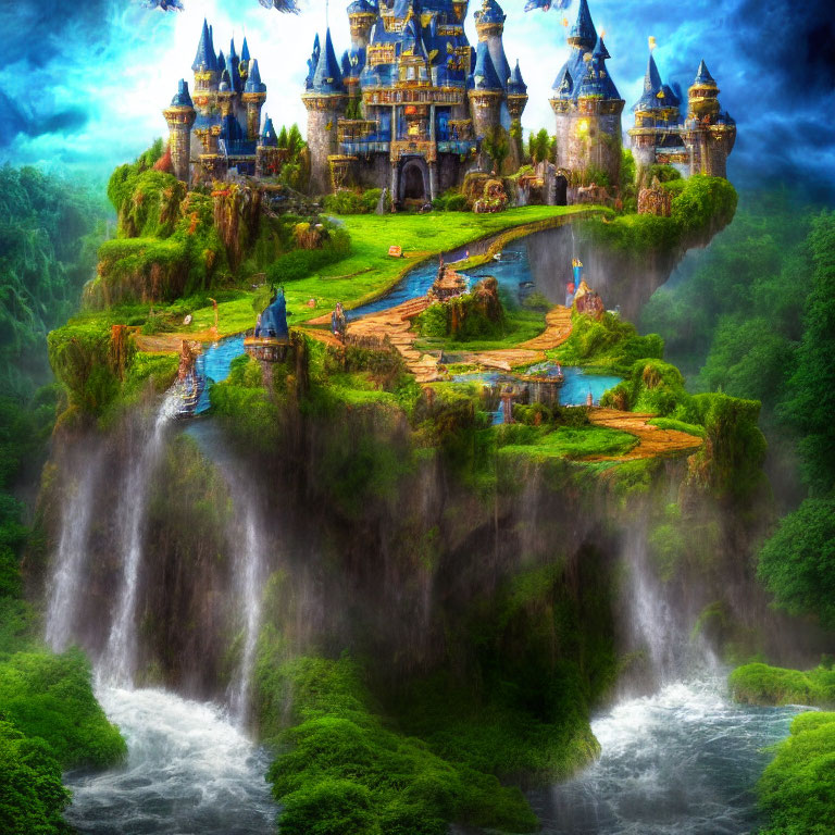 Majestic castle on floating islands above waterfalls