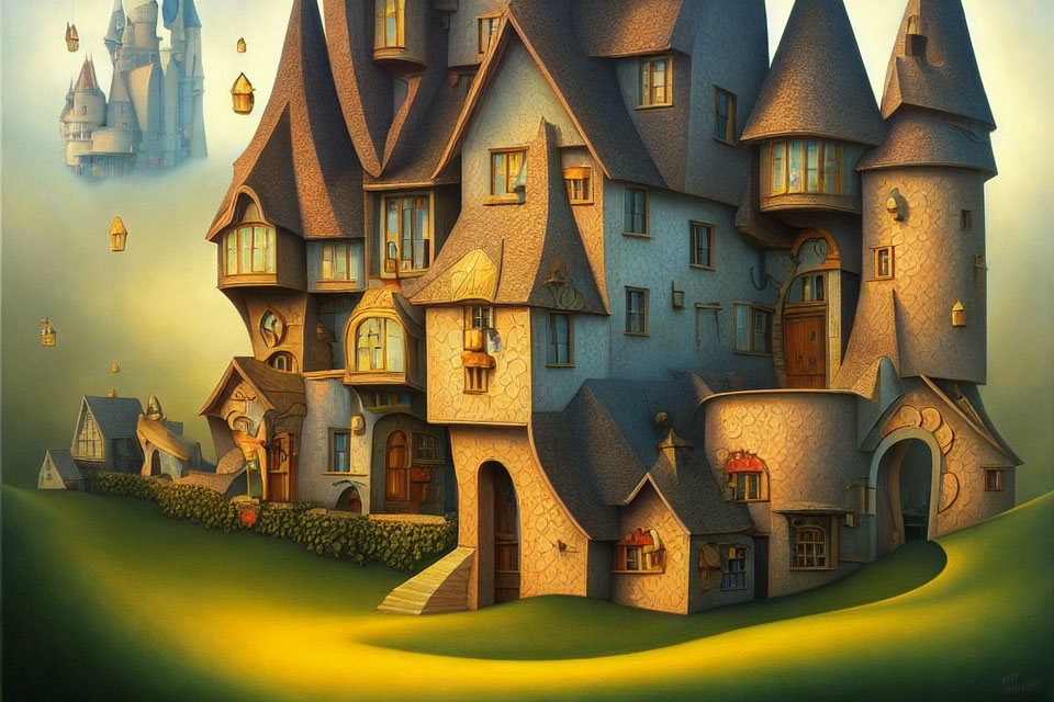 Illustration of Multi-Towered Fairy-Tale Castle in Rolling Landscape