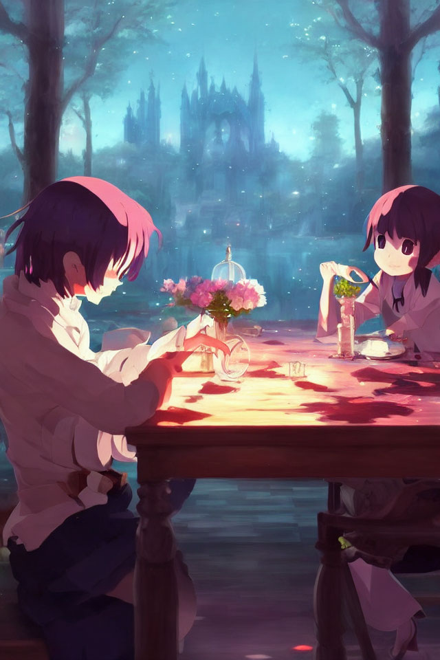 Pink-haired animated characters in forest with castle background