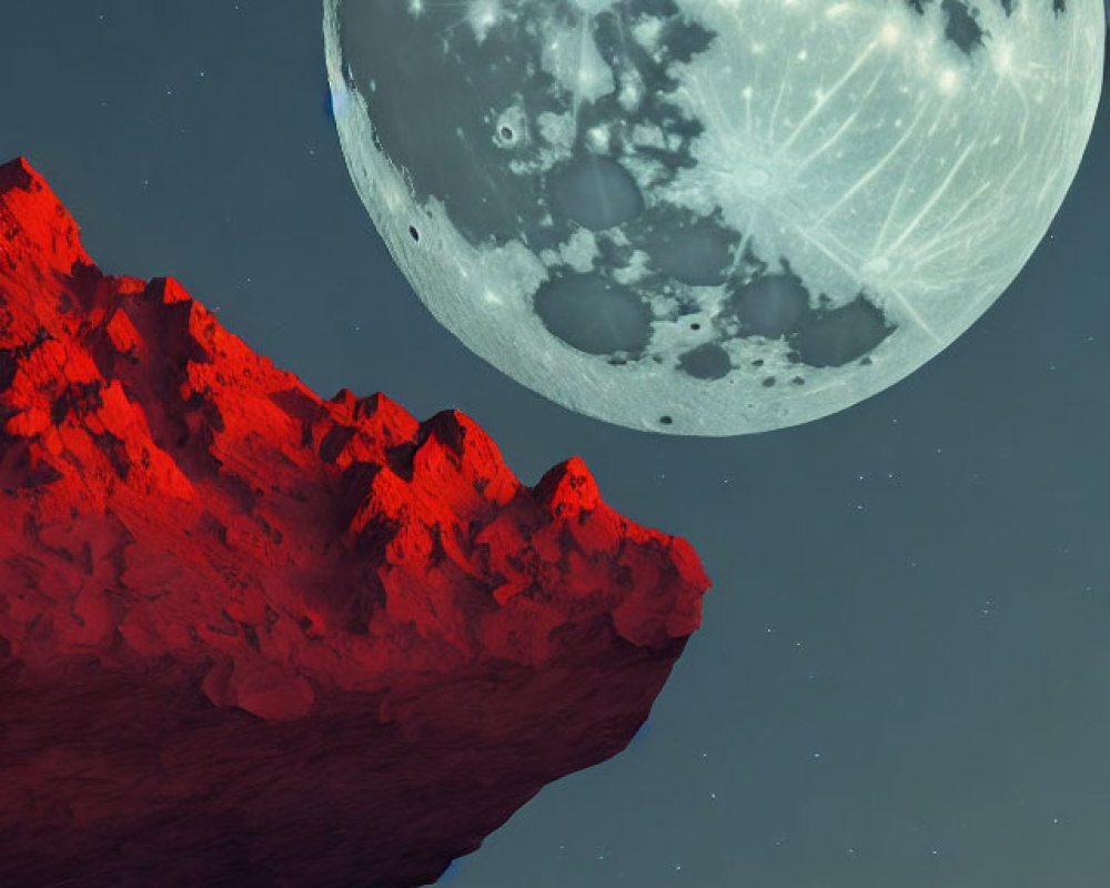 Detailed Moon Over Rocky Red Landscape in Vivid Colors