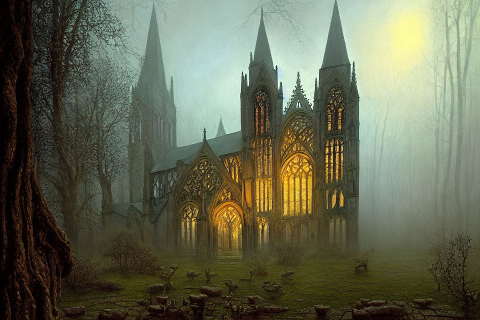 Gothic cathedral in foggy forest with tombstones