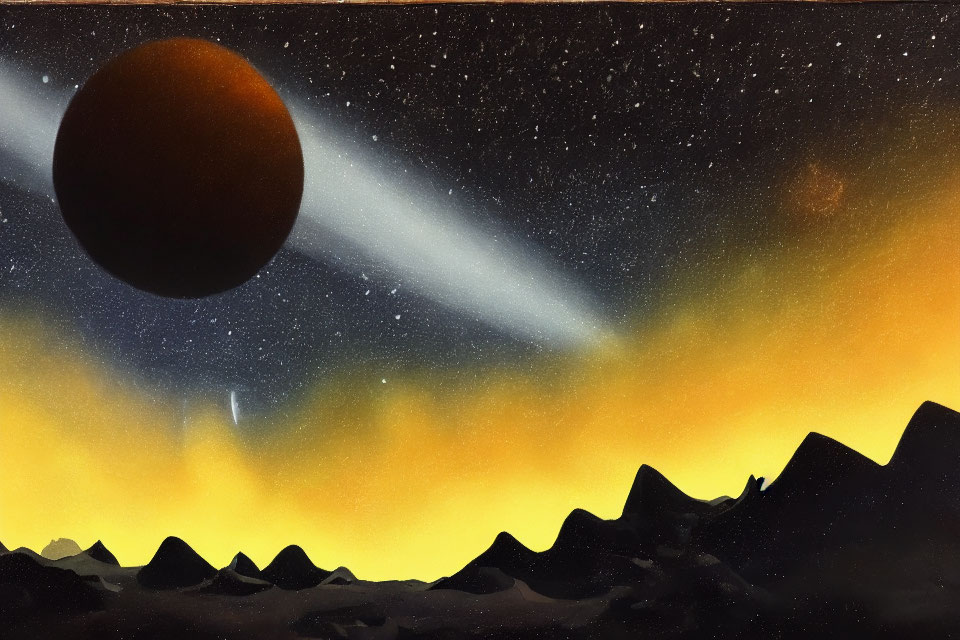 Dark planet, comet, and nebula in space art scene