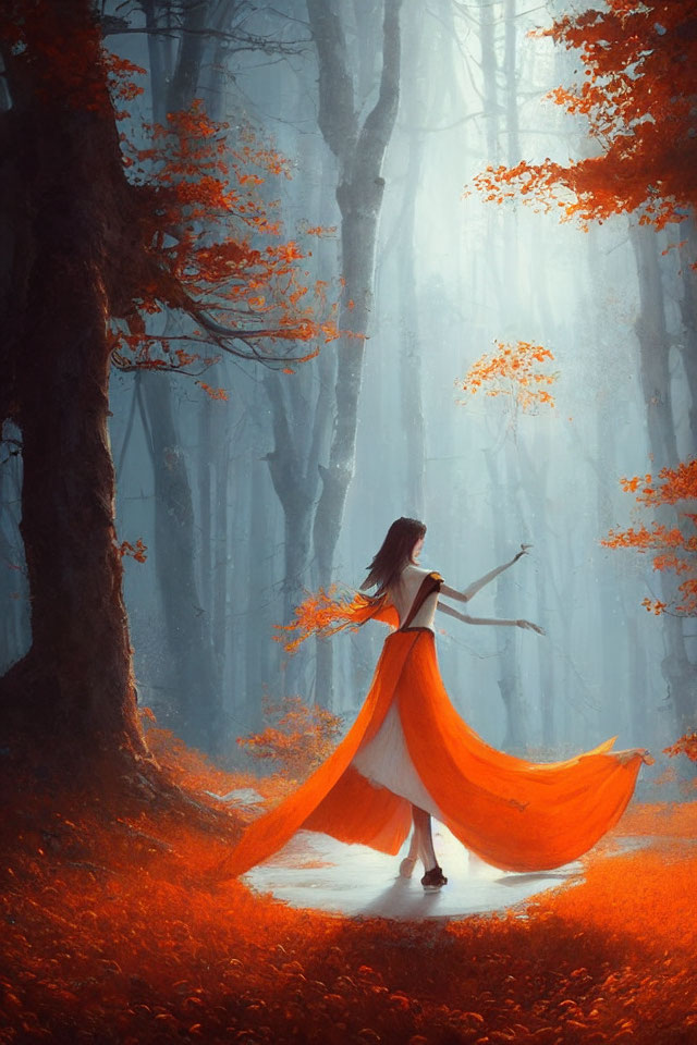 Woman in flowing orange dress in mystical forest with wand