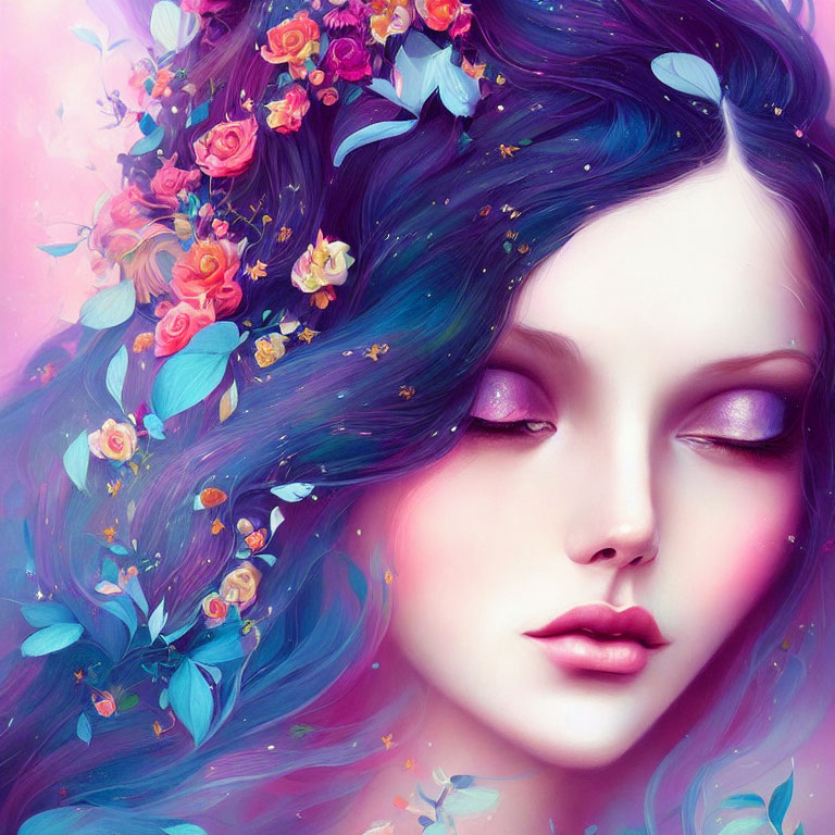 Digital artwork: Woman with purple hair, flowers, and butterflies on soft pink background