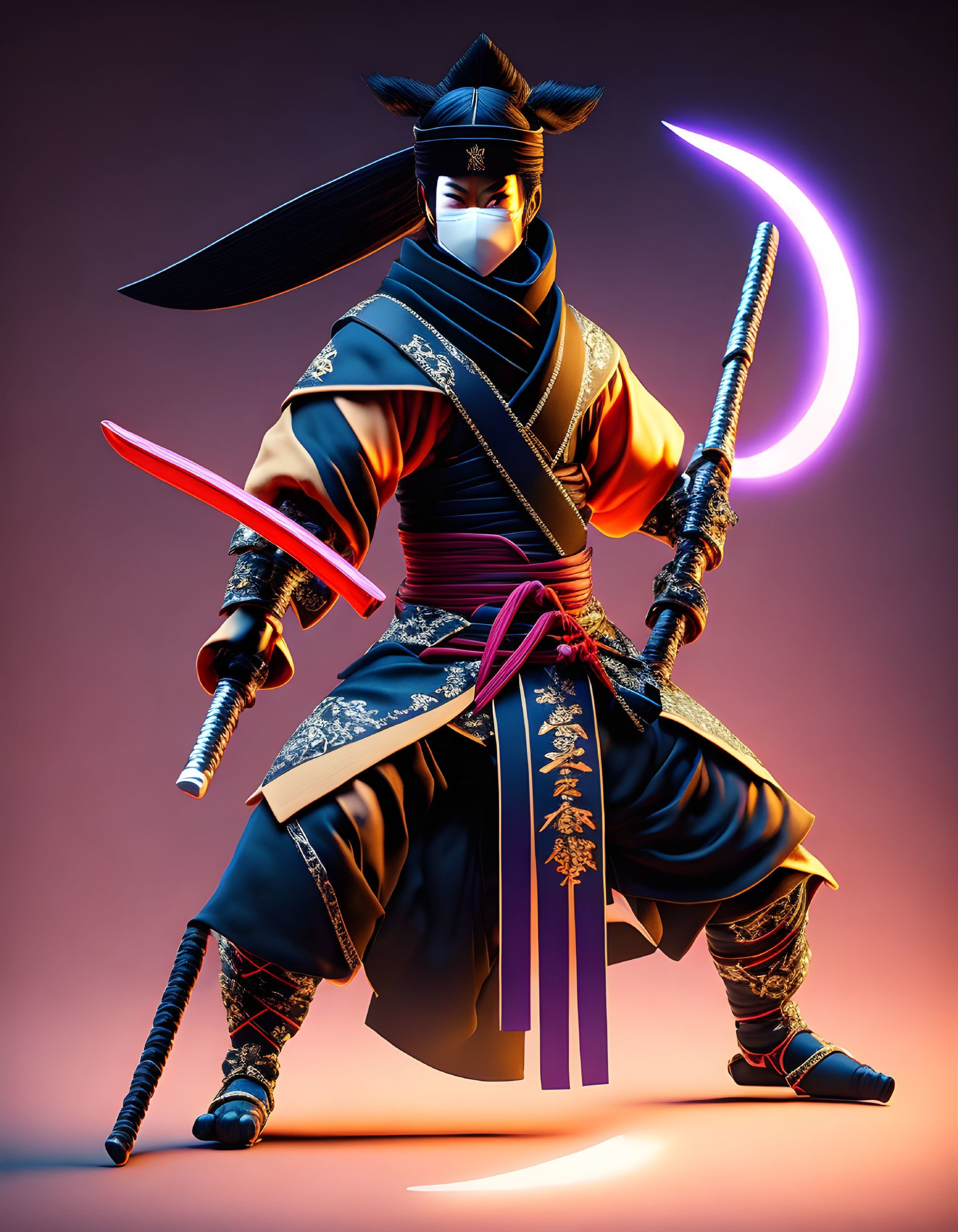 Samurai digital art: dynamic pose, dual swords, traditional armor, vibrant crescent moon