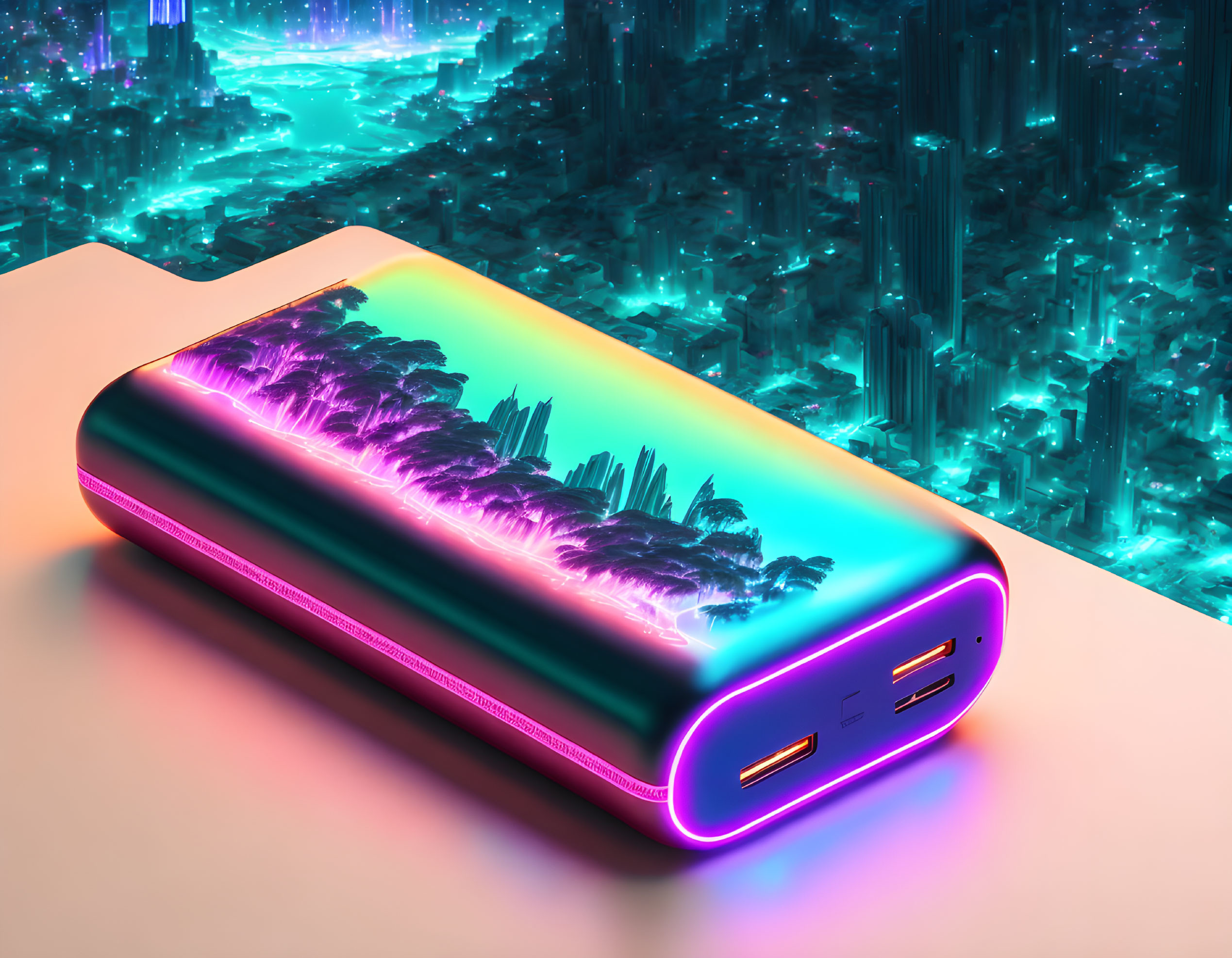 Neon-lit tropical palm tree power bank against cyber-style towers