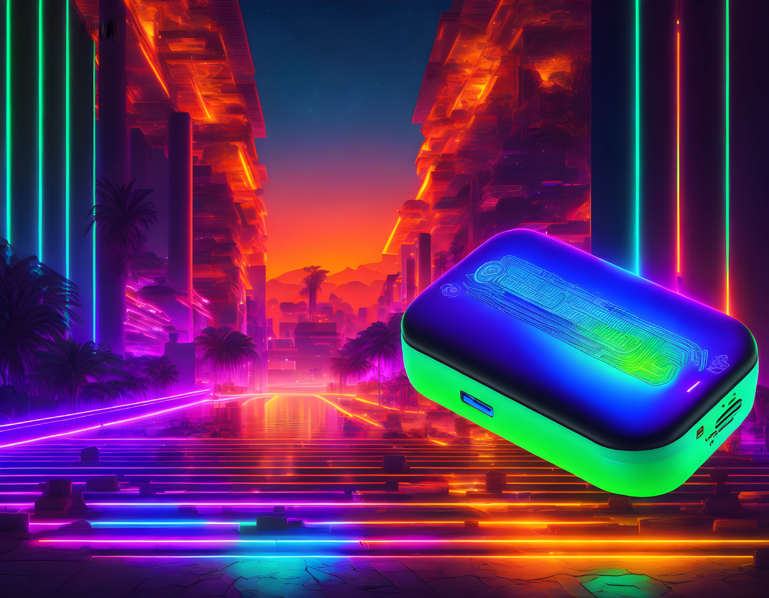 Futuristic neon-lit cityscape with holographic power bank