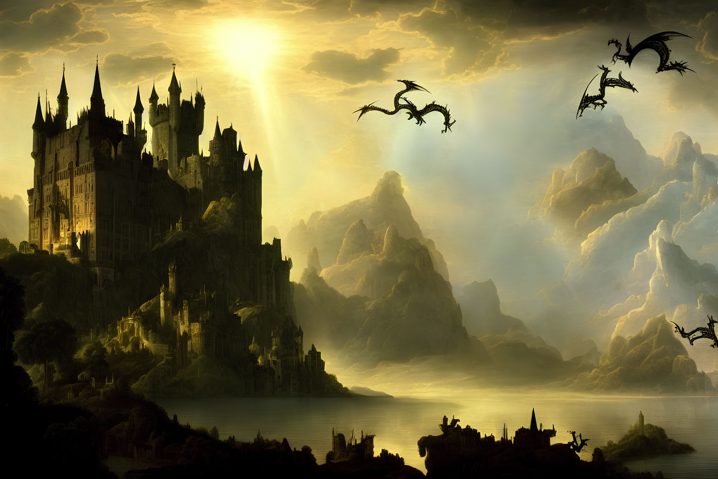 Fantasy landscape with castle, dragons, mountains, and sunset sky