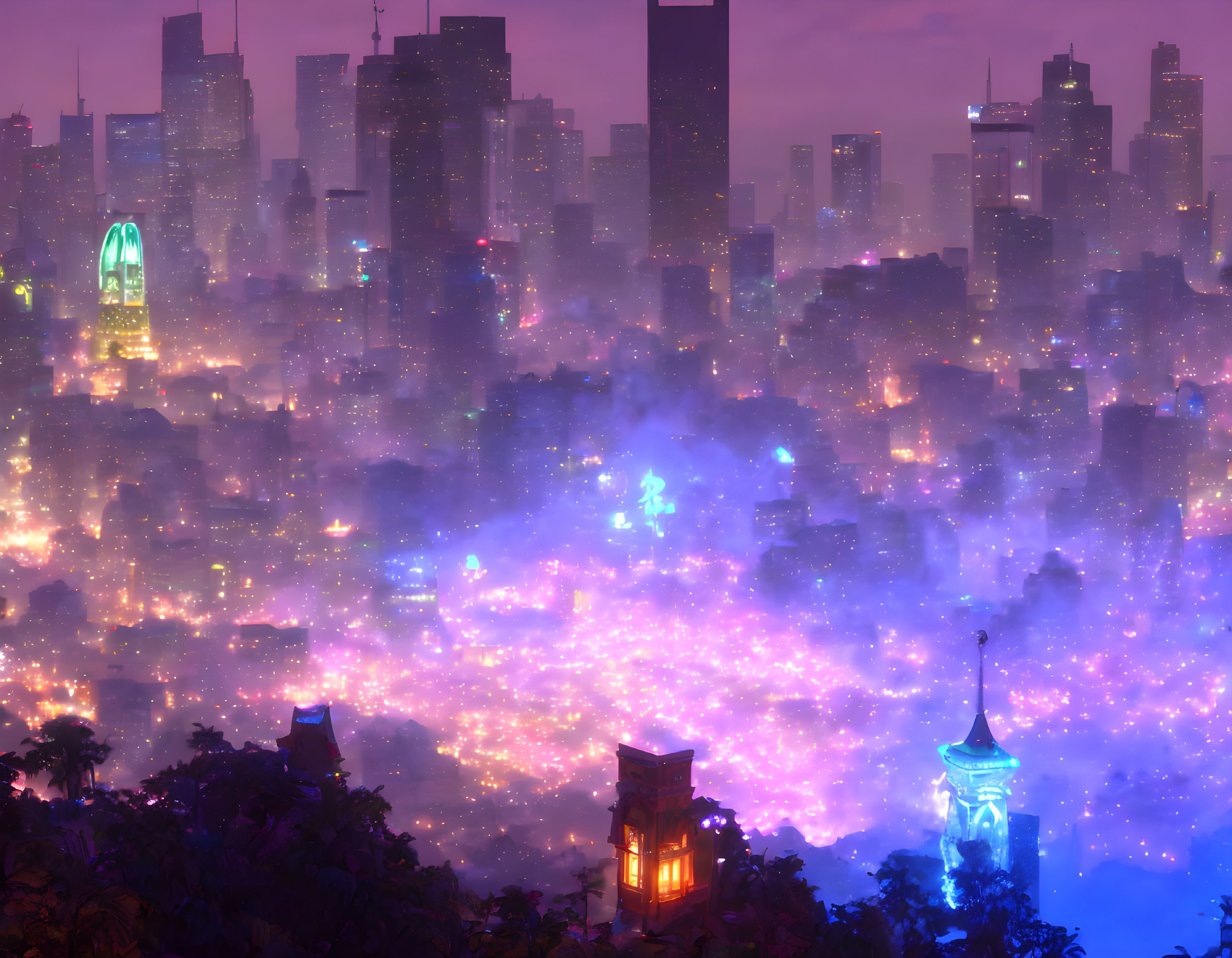 Futuristic neon-lit cityscape with purple and pink mist.