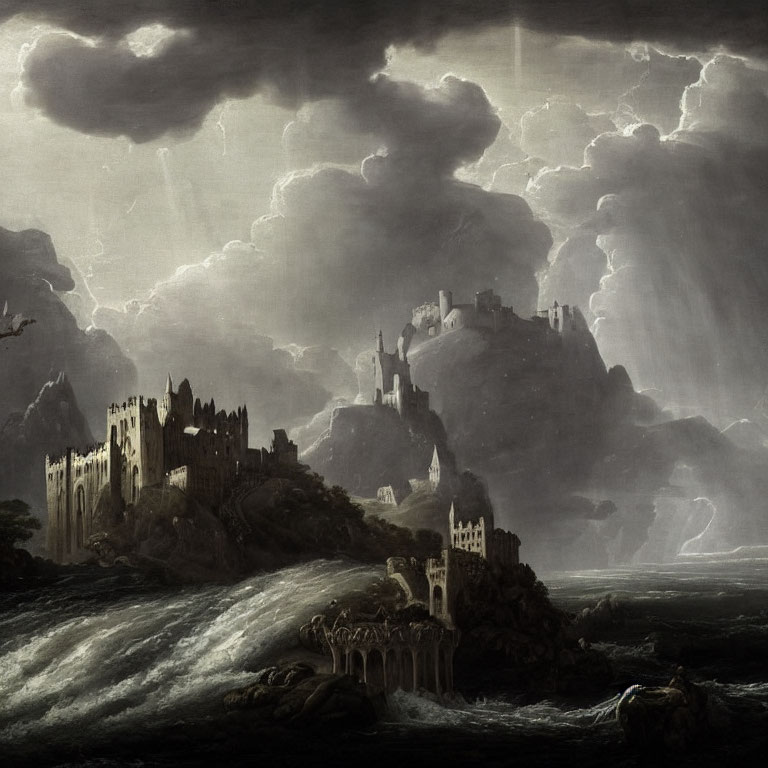 Gothic-style castle on rugged cliffs in stormy setting