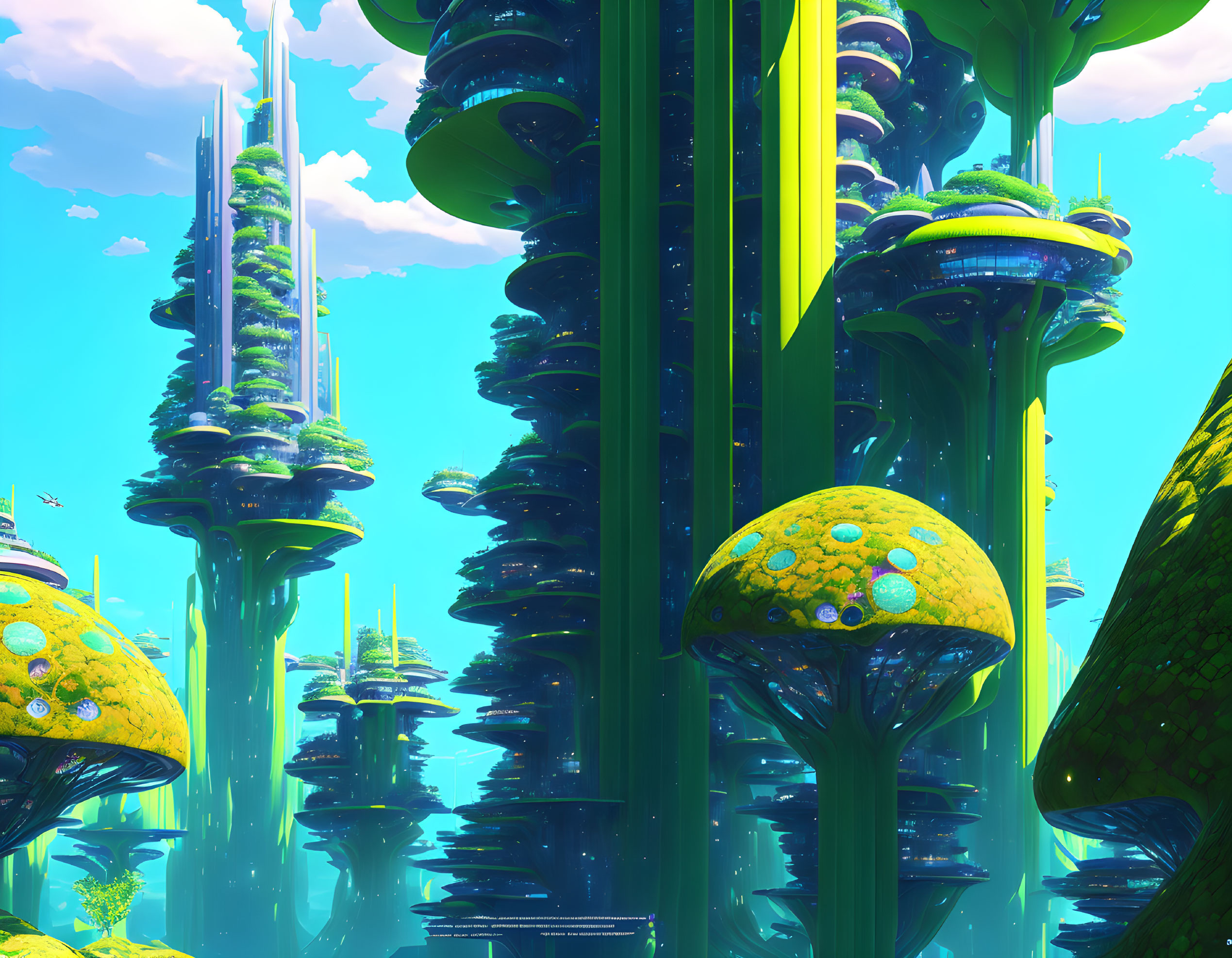 Towering green structures in futuristic cityscape