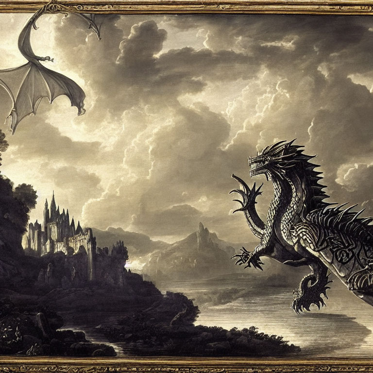 Illustration of fierce dragon with extended wings in mountain landscape