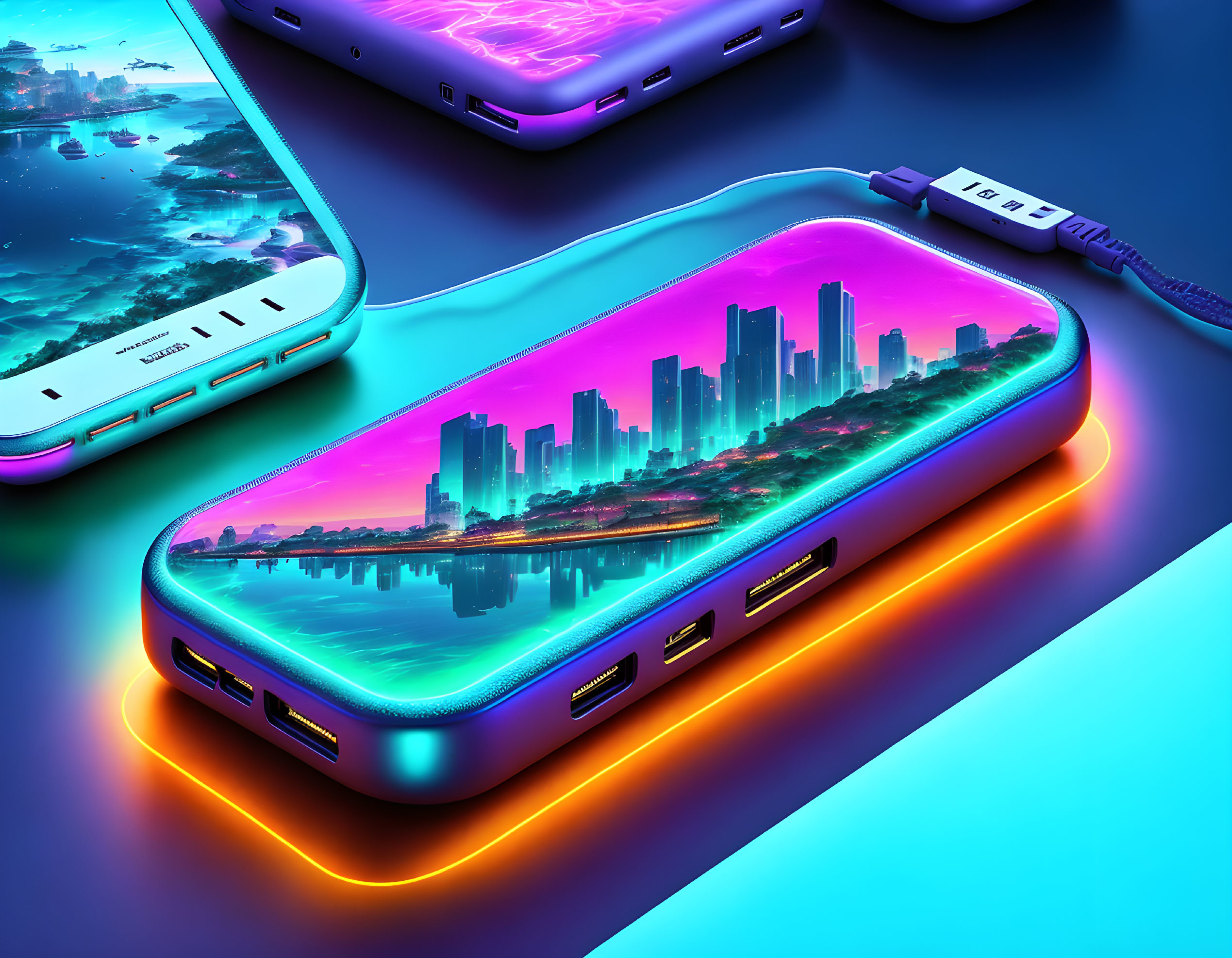 Neon-lit USB hubs with virtual cityscape reflection on vibrant background