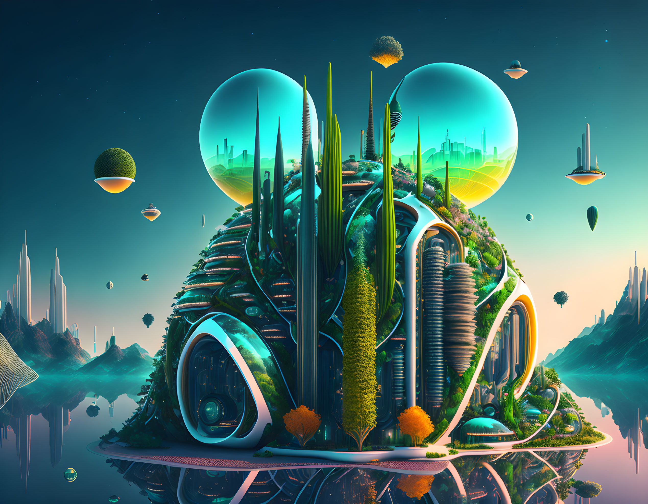 Futuristic cityscape with bio-dome structures and floating islands at twilight