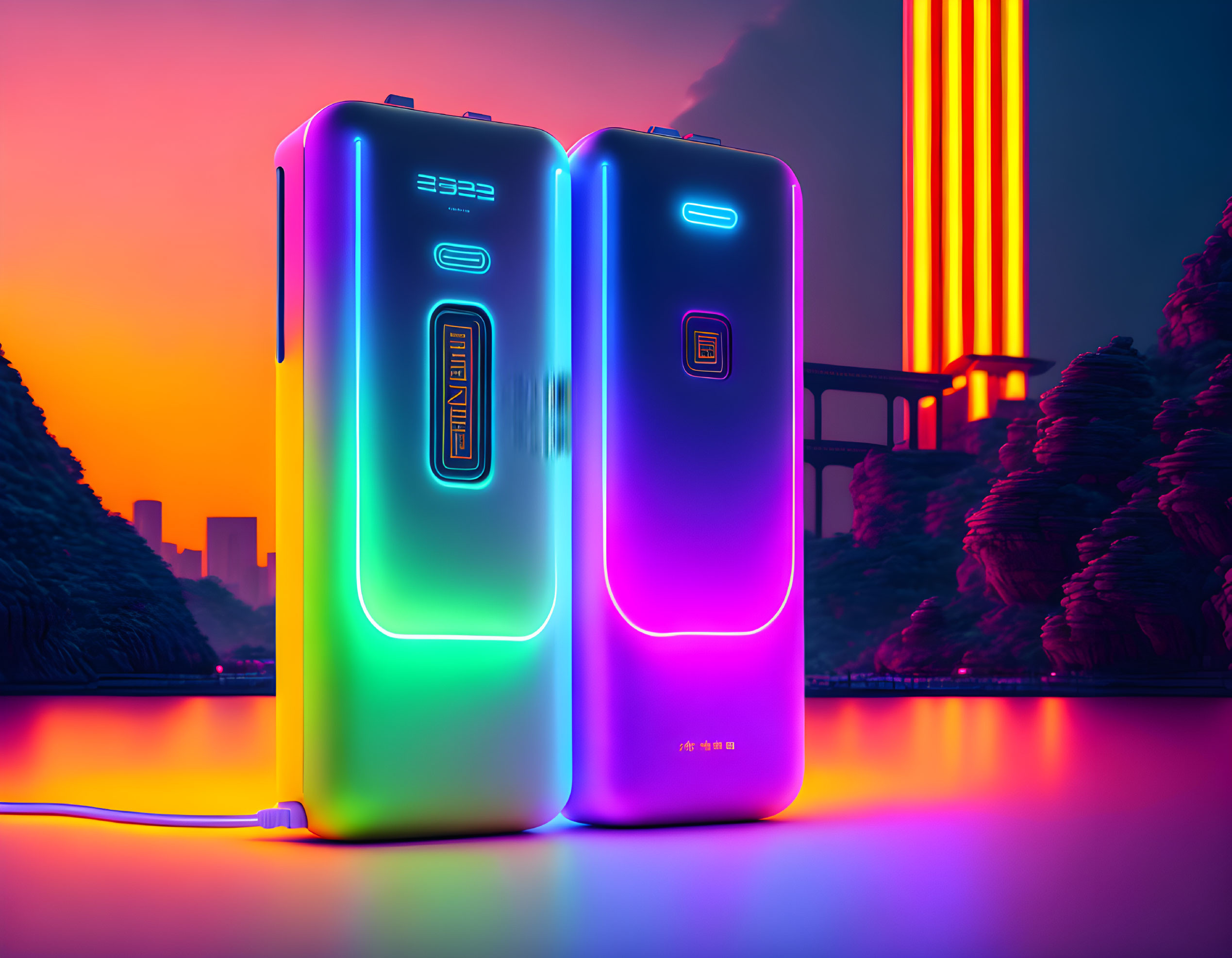 Futuristic neon-lit power banks with digital displays against cityscape.