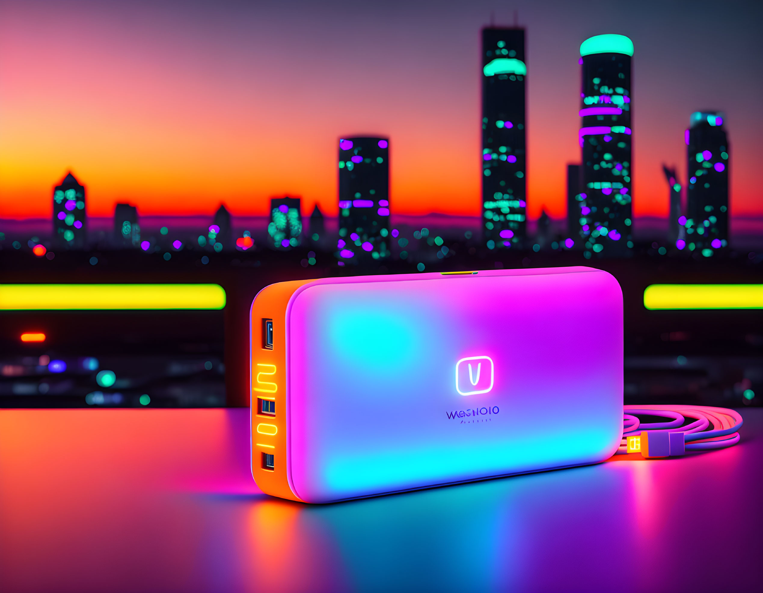 Colorful LED-Lit Power Bank with City Skyline Bokeh at Sunset