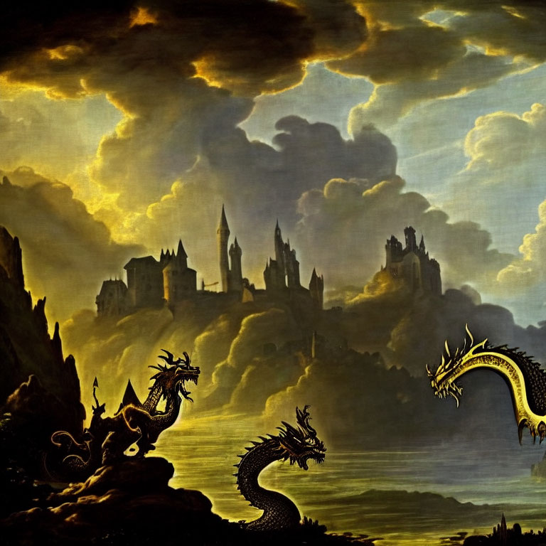 Fantastical landscape with castle, dark clouds, and multi-headed dragon