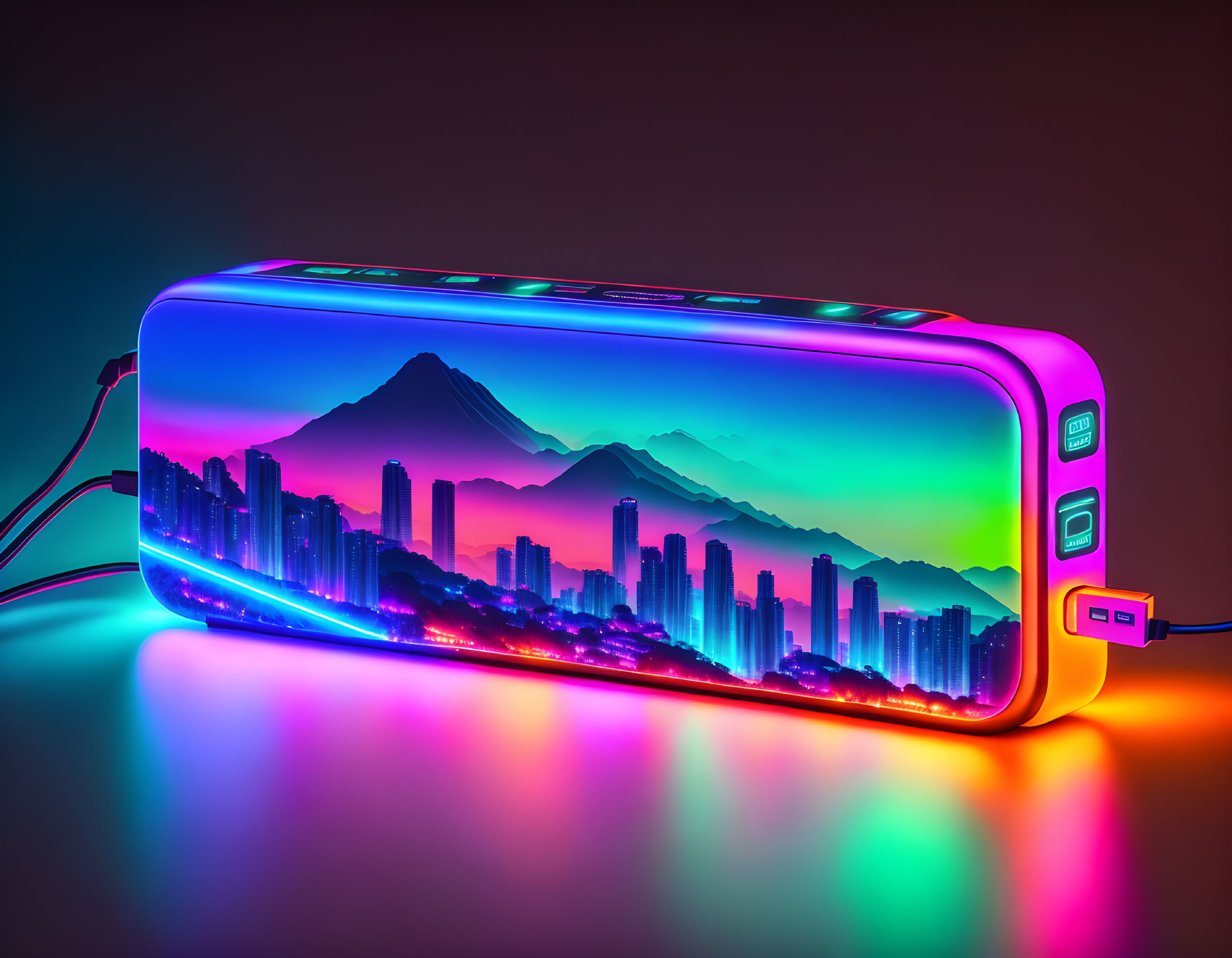 Vibrant Neon Lights on Modern Portable Speaker with Cityscape and Mountain Silhouette