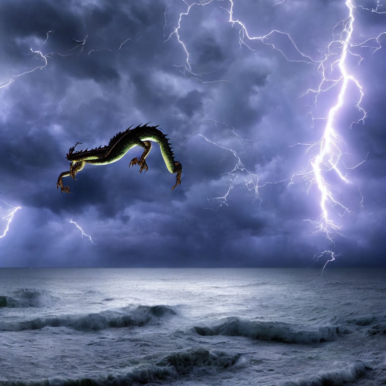 Majestic dragon flying over stormy sea with lightning strikes