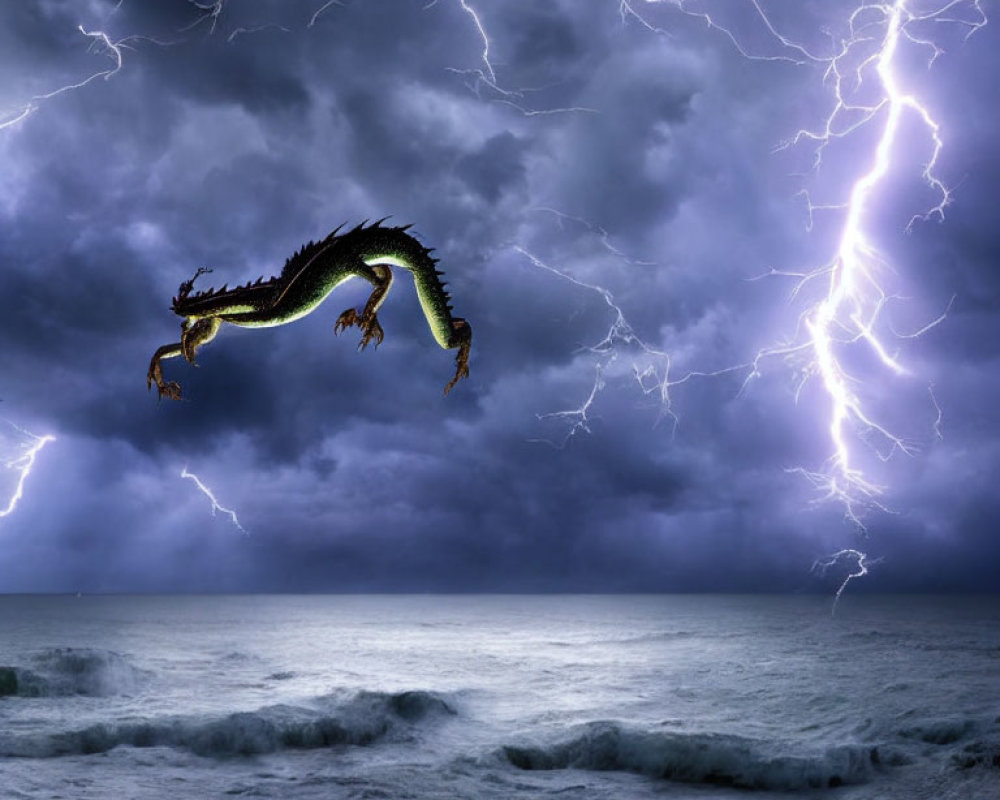 Majestic dragon flying over stormy sea with lightning strikes