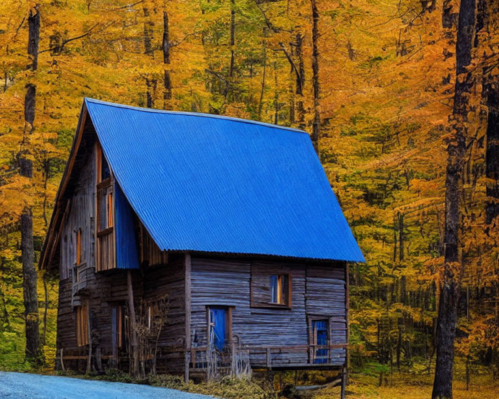 Rustic wooden cabin with blue roof in autumn forest