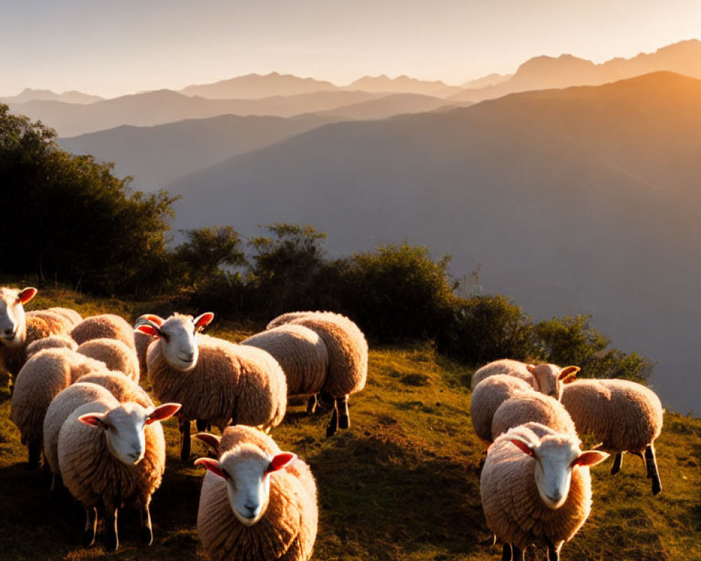 Sheep grazing on hillside at sunset with mountains in background