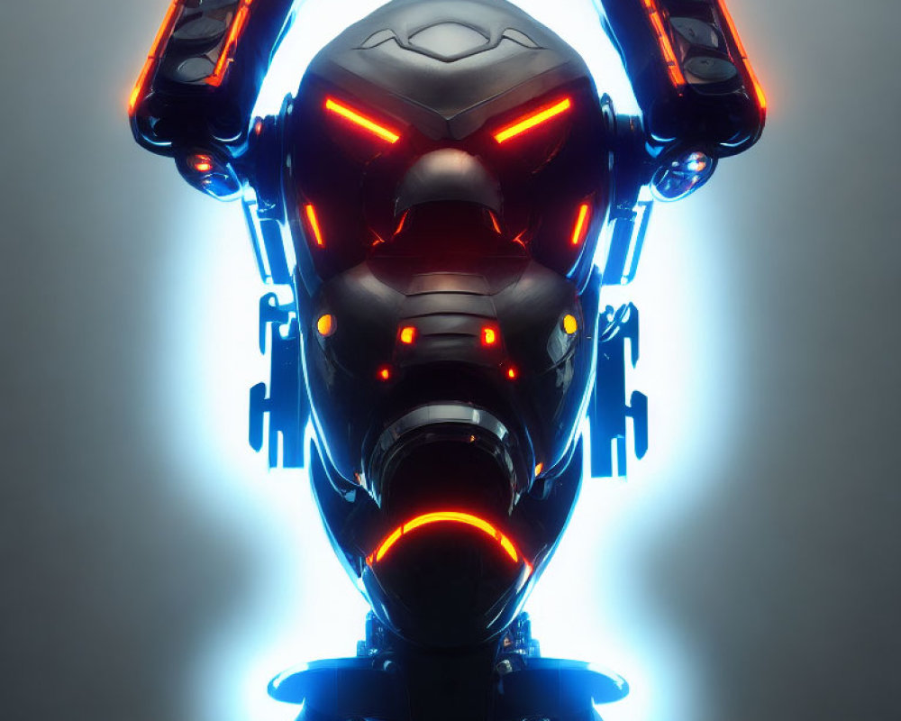 Futuristic robot head with blue and orange accents on grey background