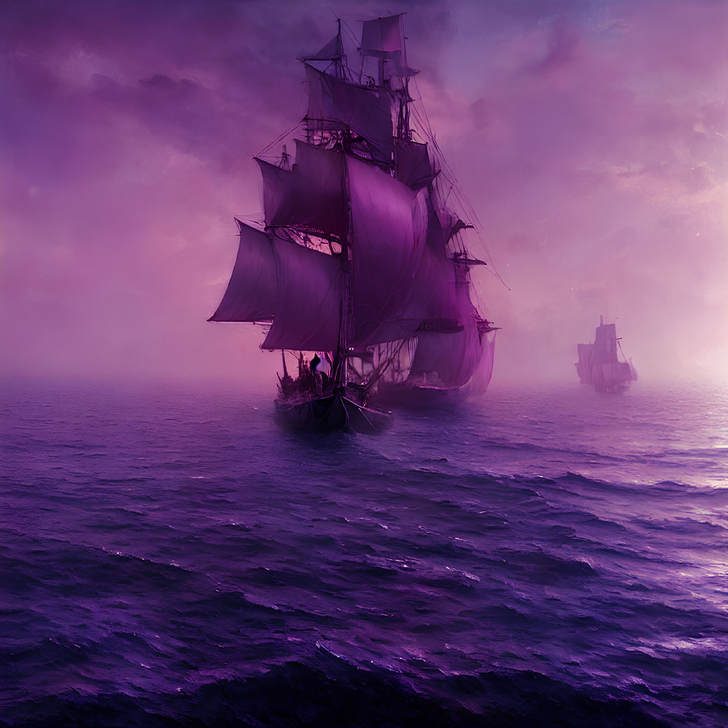 Sailing ships on misty purple waters at dusk