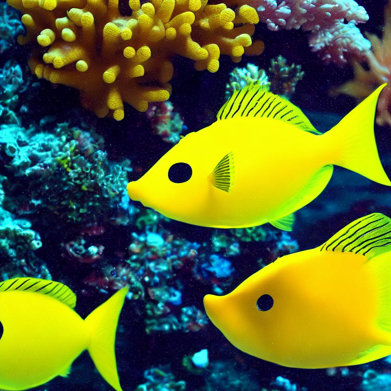 Colorful Yellow Tang Fish Swimming Near Coral Reefs