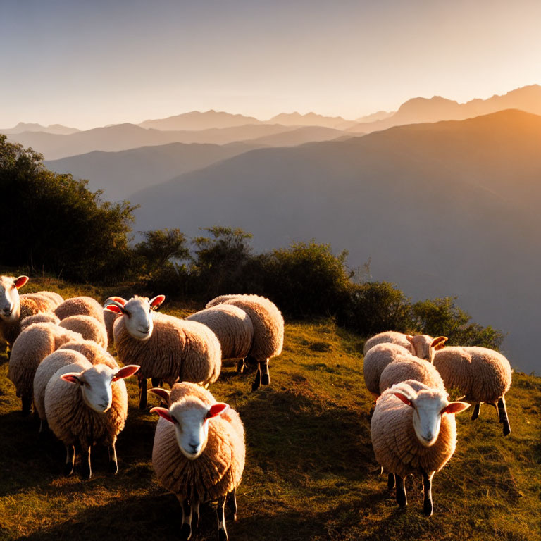 Sheep grazing on hillside at sunset with mountains in background