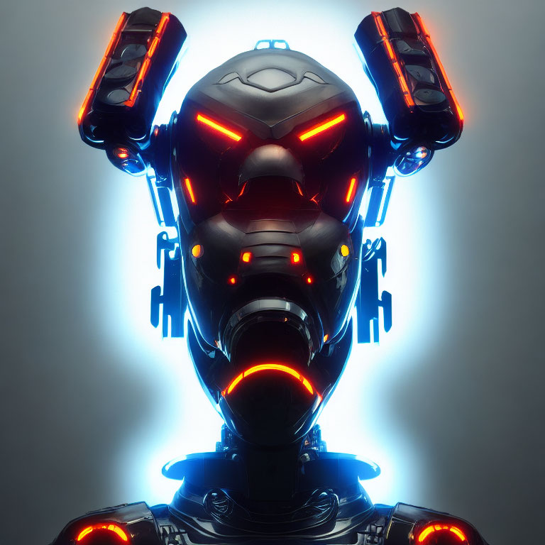 Futuristic robot head with blue and orange accents on grey background