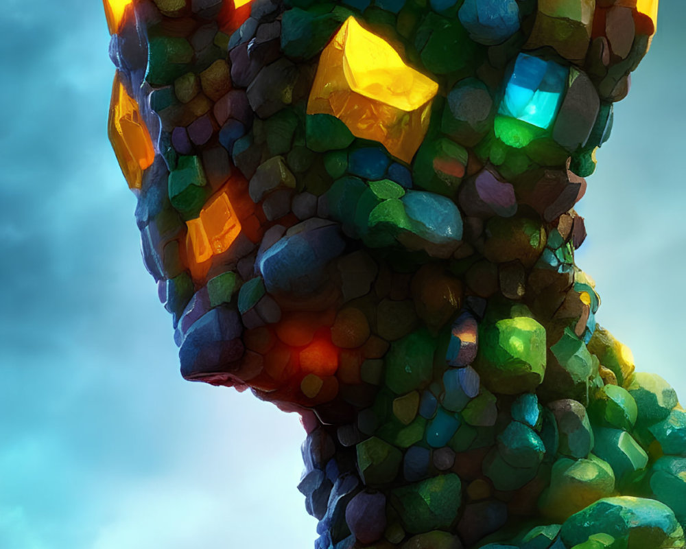 Colorful Crystal Mosaic Humanoid Figure in Cloudy Sky