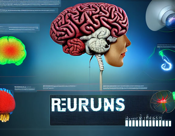 Digital collage of human head profile with exposed brain and futuristic interfaces, featuring "RERUNS" word